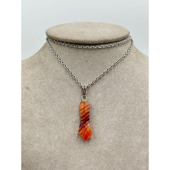 Vintage Striped Agate Mano Figa Pendant Necklace Genuine Stone Silver Tone Chain - Picture 2 of 7